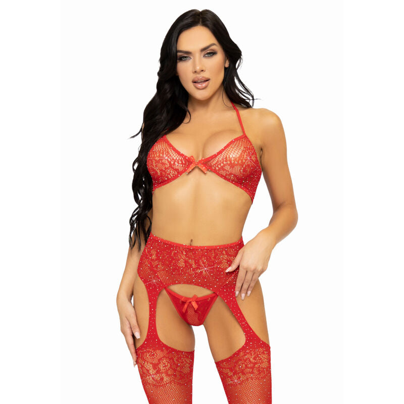LEG AVENUE - SET TRES PIEZAS SUJETADOR, TANGA Y MEDIAS TALLA ÚNICA - NEGRO
